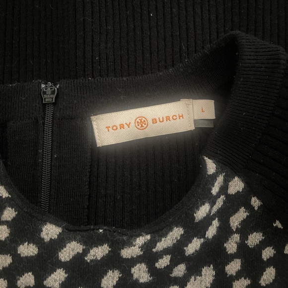 Tory Burch Gemma Sweater Dress Polka Dot Merino Wool Leopard Black White Size L - Picture 11 of 12